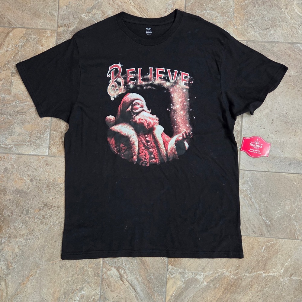 NWT Holiday Time Mens XL‎ Santa Claus Believe Christmas T-Shirt Black